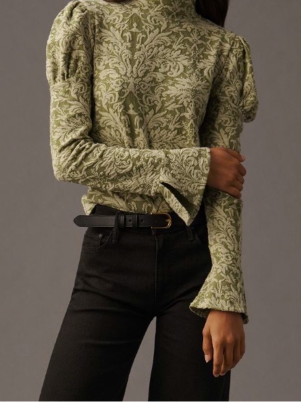 Anthropologie Olive Green Floral Jacquard Puff-Sleeve Long Sleeve Top